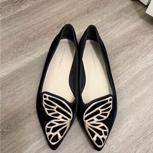 Sophia Webster Black Velvet Flats with Gold Butterfly Detail